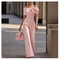 Womens Off-the-Shoulder 3D Floral Patchwork Wide-Leg Jumpsuit