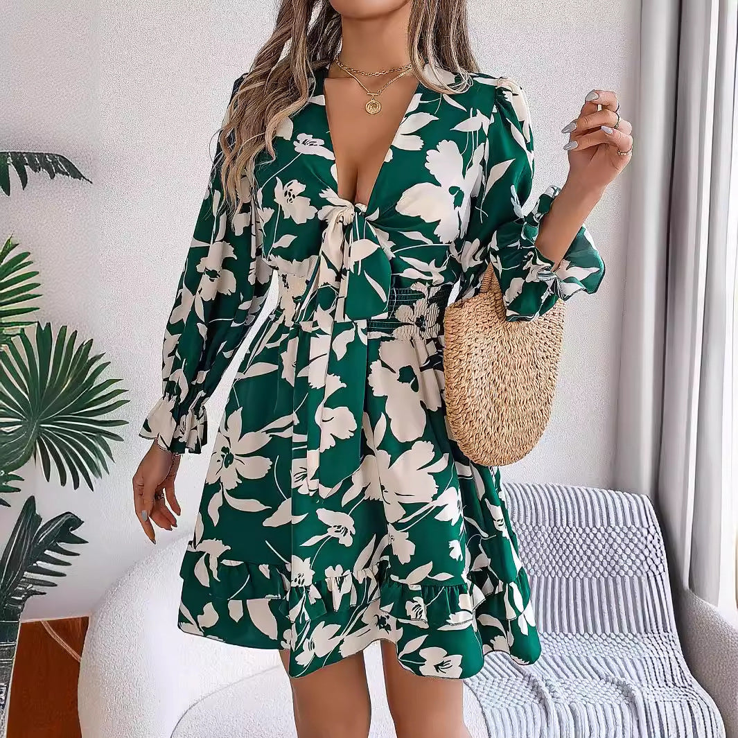 Robe courte à imprimé floral, col en V, manches longues, volants, nœud papillon, coupe trapèze, vêtements pour femmes