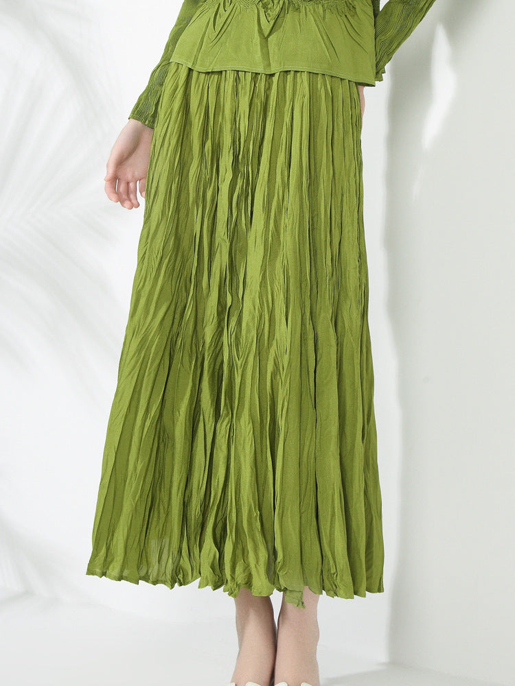 Solid Color Embroidered Long-sleeved Top Handmade Pleated Two-piece Overskirt Suit