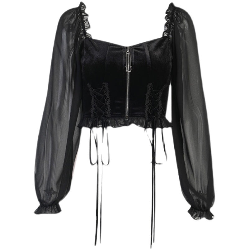 Temperament Square Neck Puff Sleeve Top Women's Niche Design Sense Strap Zipper