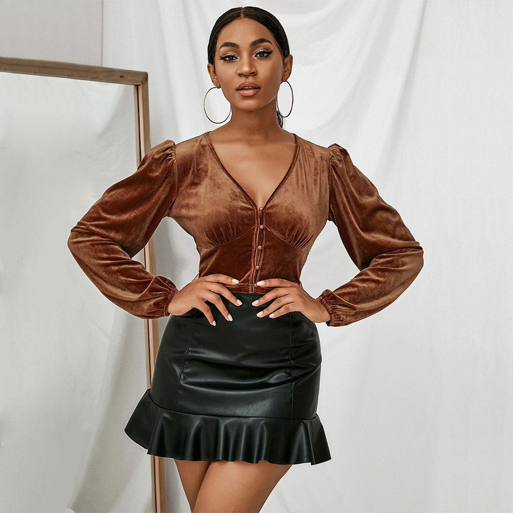 Spring And Summer New European And American V-neck Slim-fit Short Puff Sleeve Cardigan Long Sleeve Top
