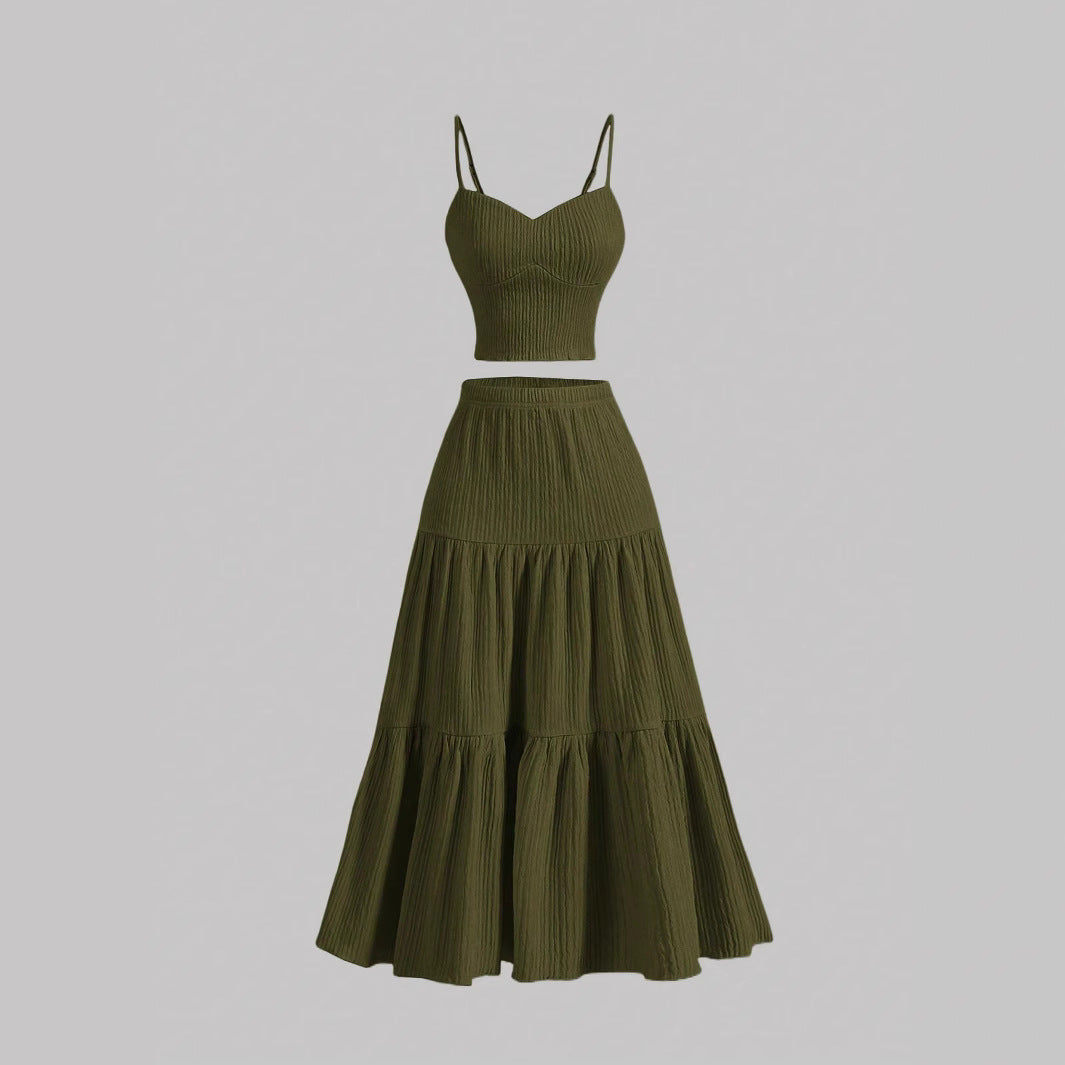 Casual Solid Color Ribbed Fit Vest Top And Ruched Hem A- Line Skirt