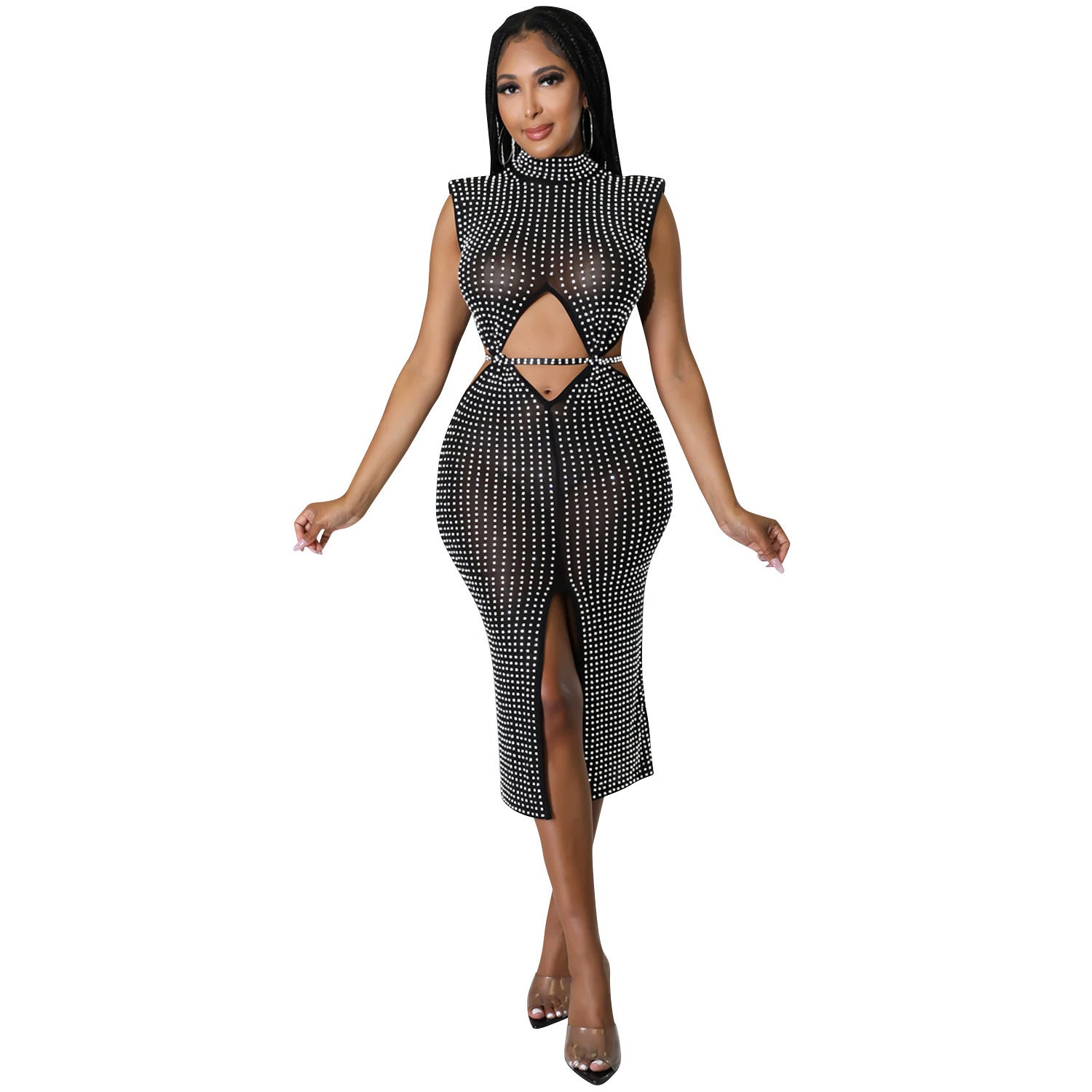 Robe fendue ajourée en maille transparente et strass tendance pour femme
