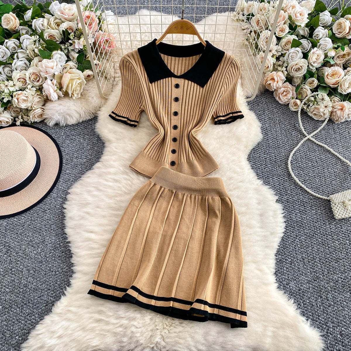 Contrast-color Button-front Top With A High-waisted Skirt