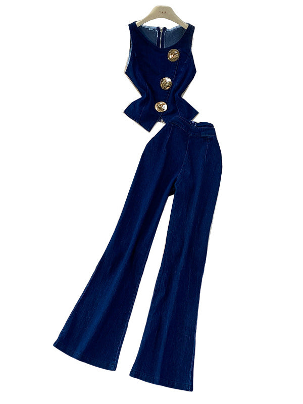 Metal Button Crew Neck Sleeveless Denim Vest High Waisted Wid Leg Pants Set