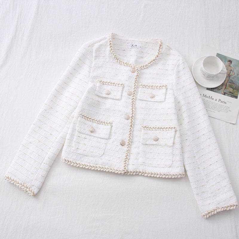 Bright Silk Woven Single-breasted Long-sleeved Short Jacket