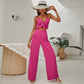Haut tube à bretelles rouge rose, haut dos nu, pantalon long à pattes d'éléphant pour femme