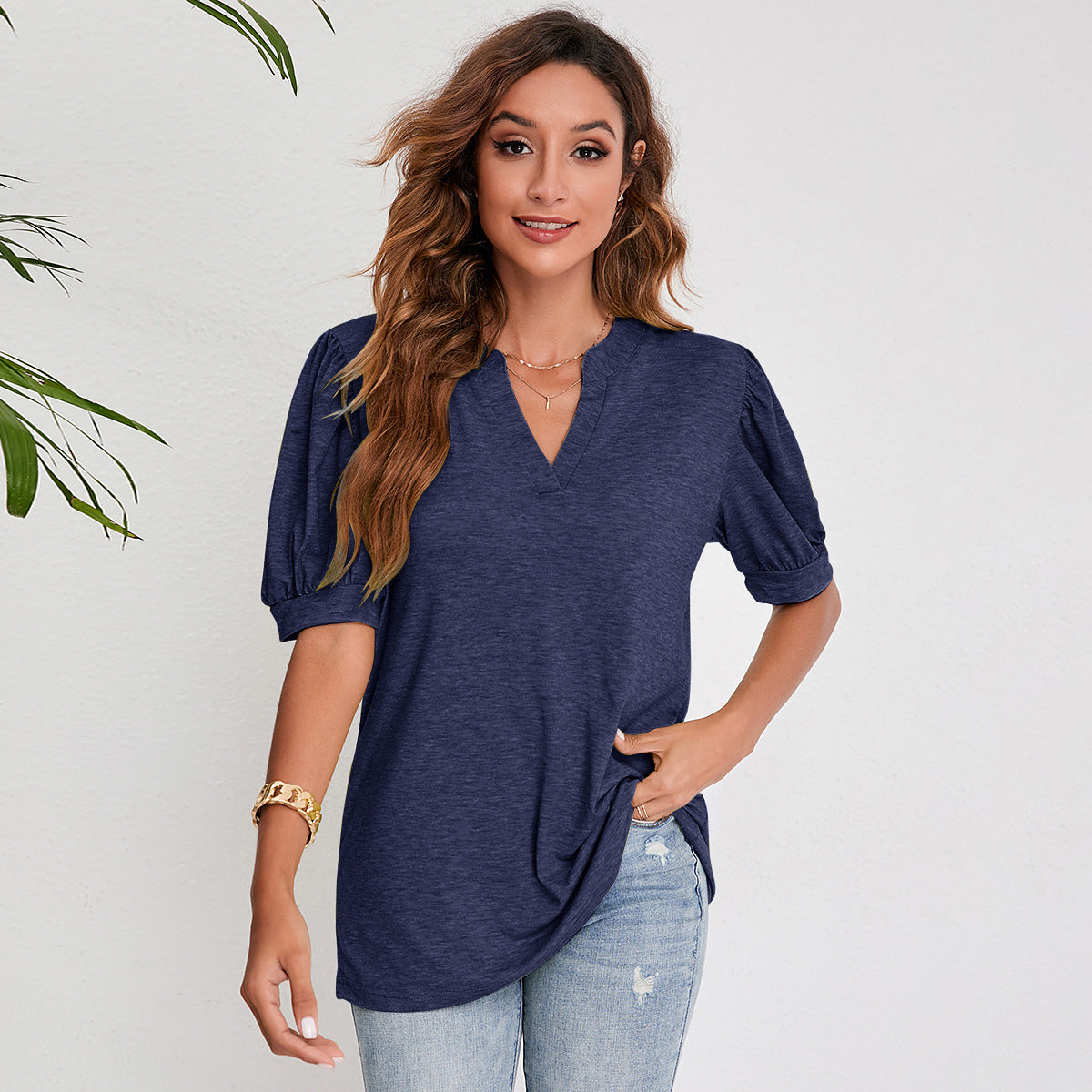 Women's Top Casual V-Neck Solid Color Puff Sleeves