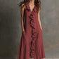 Solid-color Sleeveless Cotton-Linen V-Neck Maxi Dress With Ruffled Hem