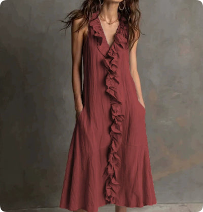 Solid-color Sleeveless Cotton-Linen V-Neck Maxi Dress With Ruffled Hem