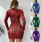 V-neck Skinny Print Long Sleeve Irregular Swing Dress