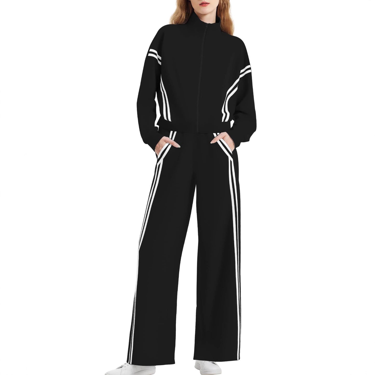 Double Striped Long-sleeve Zipper Pants Pocket Sports Suit