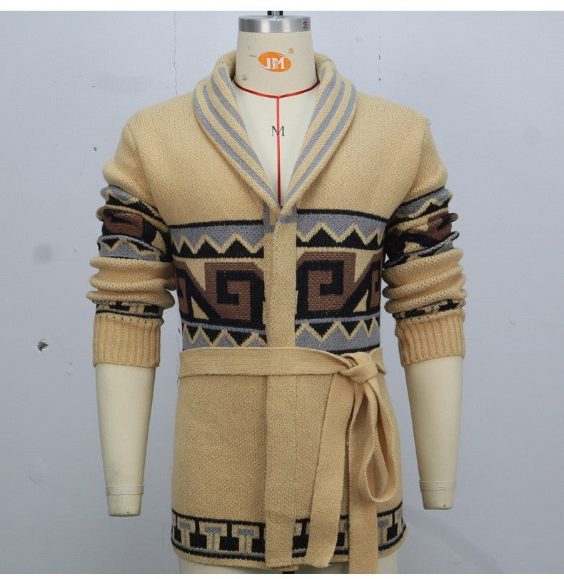 Jacquard Belt Cardigan Outdoor Sweater Coat