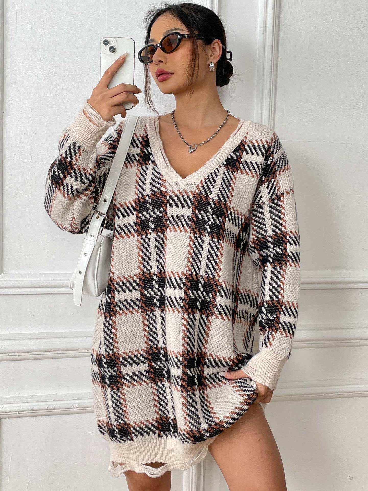 Robe à carreaux à col en V, décontractée, ample, à manches longues, vêtements pour femmes, automne et hiver