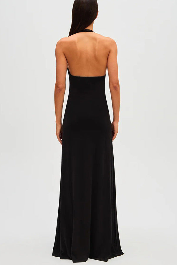 European And American Solid Color See-through Low Cut Sleeveless Dress Women