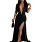Robe élégante européenne et américaine à col en V et fente sexy, robe plissée dos nu