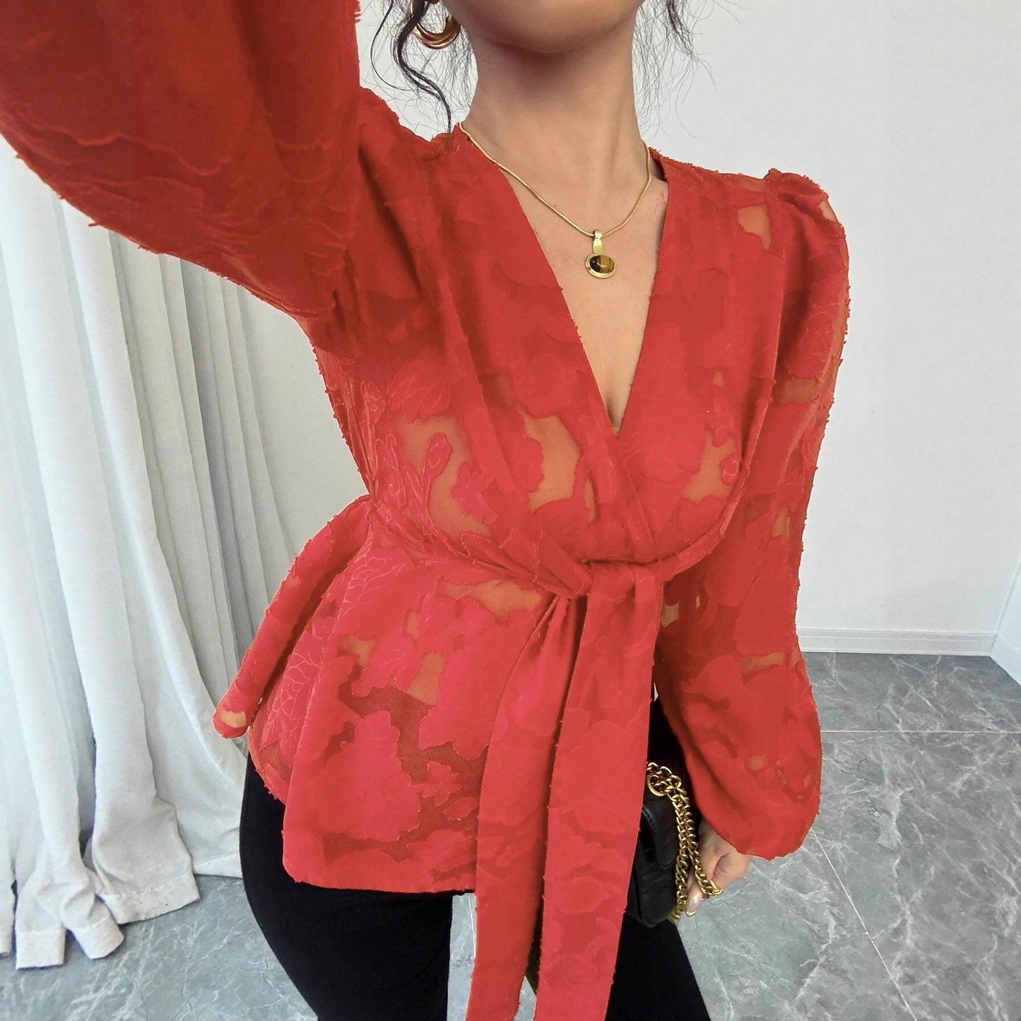 Fashionable Semi-transparent Long-sleeved V-neck Women's Shirt