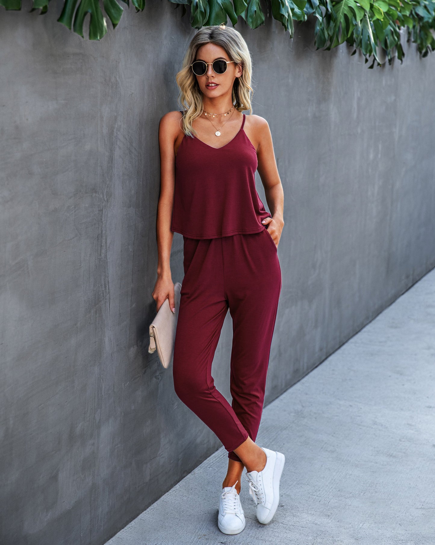 Women's Halter Solid Color Pocket Jumpsuit