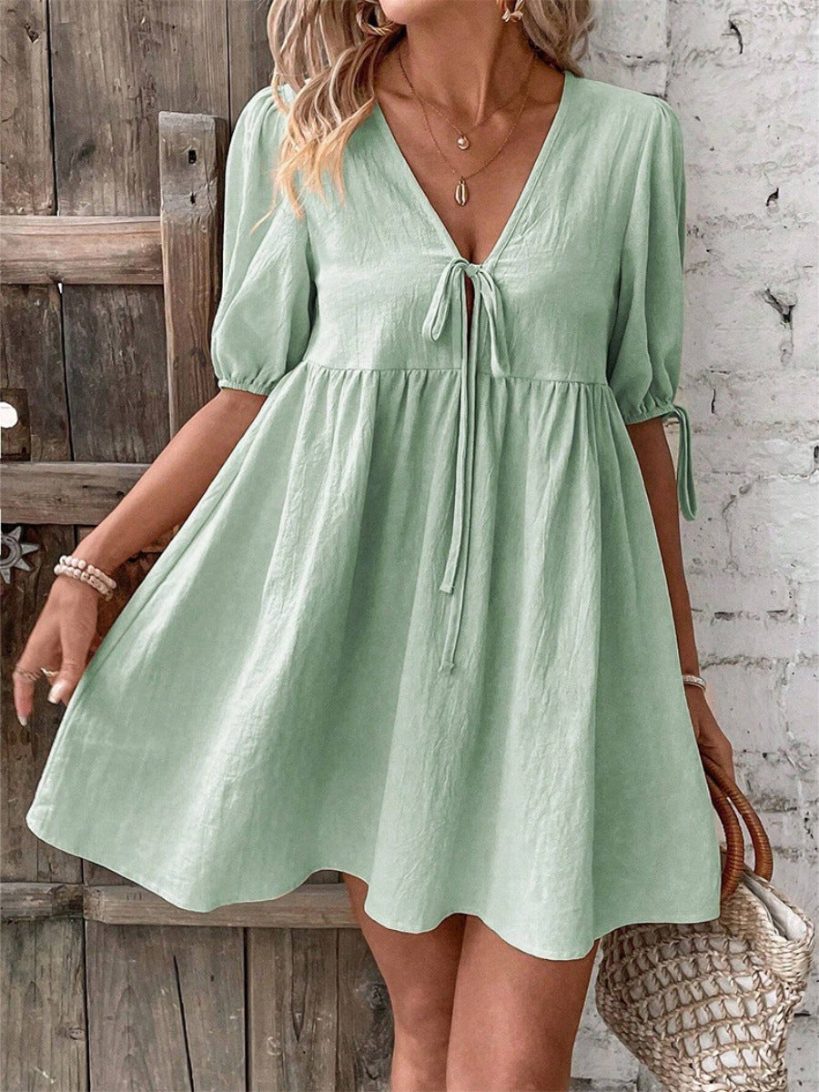 Loose-fit Woven Deep V-neck Designer Tie-front A-line Dress