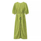 Fashion V-neck Puff Sleeve Green Tie-waist Dress For Women