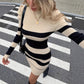 Casual Waist-Cinched Slim-Fit Two-Tone Striped Contrast-Color Sweater Dress For Women
