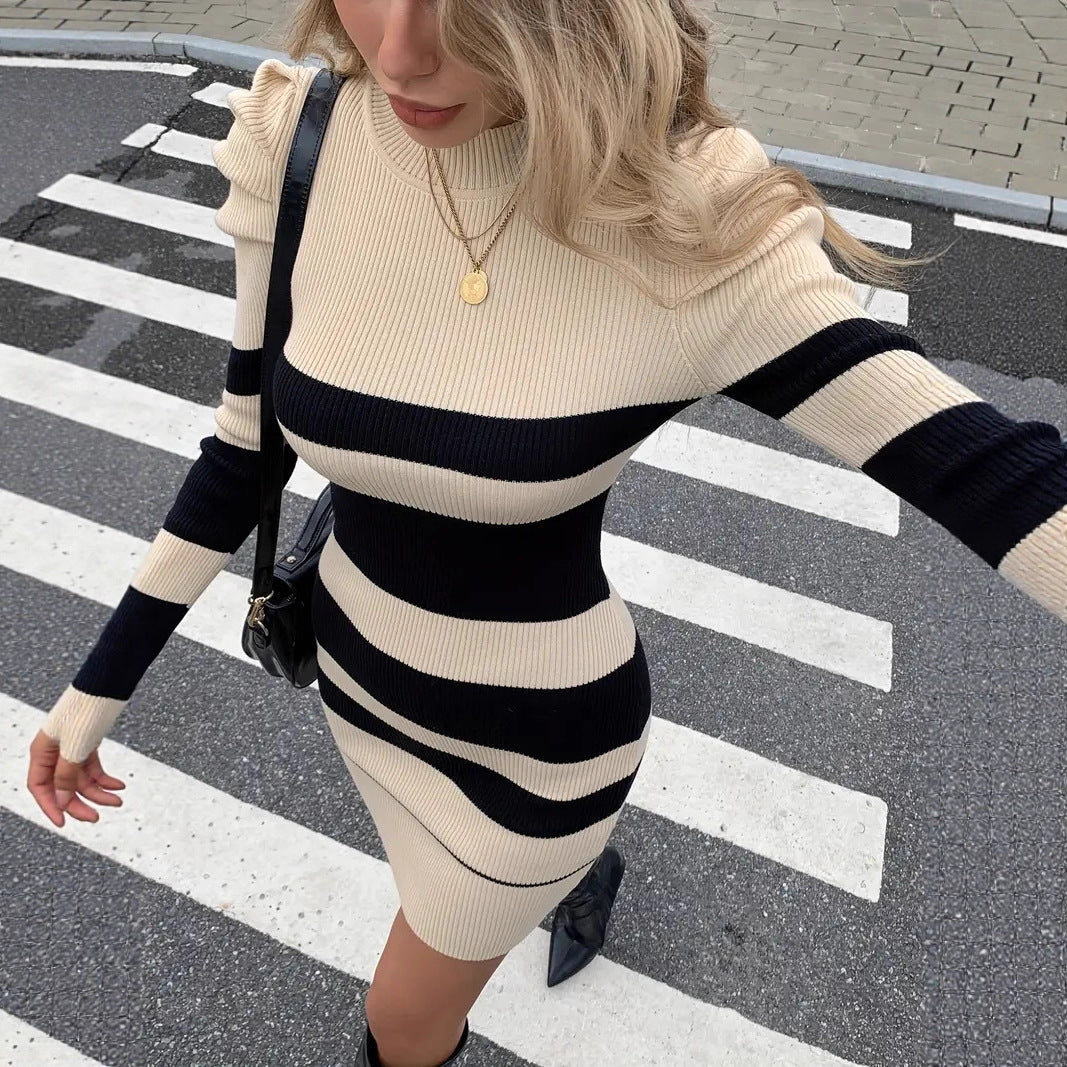 Casual Waist-Cinched Slim-Fit Two-Tone Striped Contrast-Color Sweater Dress For Women