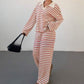 Striped Lapel Fashionable Knitted Loose Long Sleeve Top Casual Trousers Suit