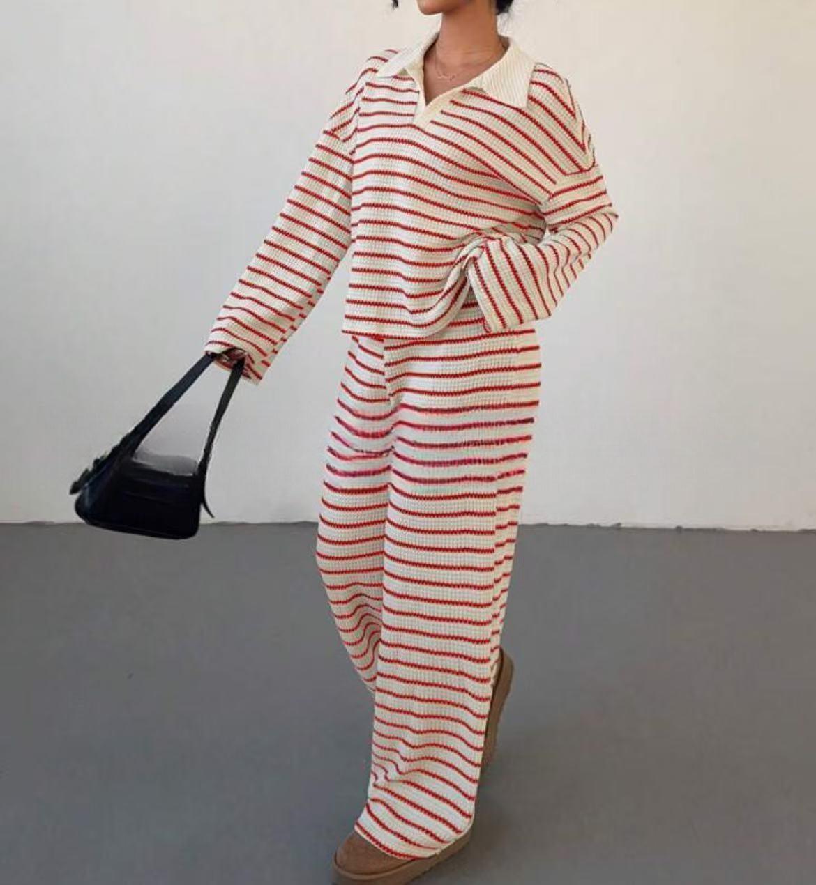 Striped Lapel Fashionable Knitted Loose Long Sleeve Top Casual Trousers Suit