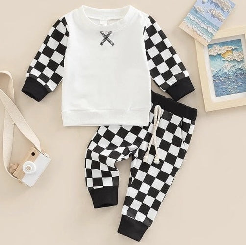 Children's Casual Sweater Suit Checkerboard Long Sleeved Trousers