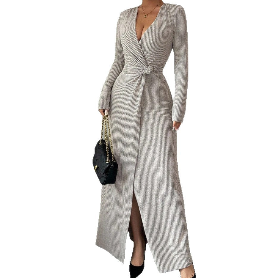Solid-color Sexy V-neck Long-sleeve High-slit Dress
