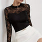 Elegant Lace Stitching Long-sleeved Small Stand Collar Slim T-shirt