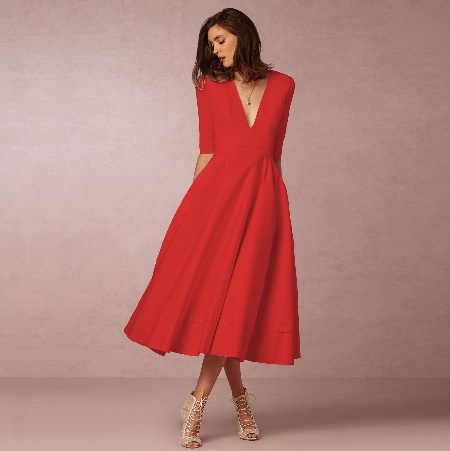 Women's Clothing Evening Dress Deep V Mid-sleeve Large Swing Dress