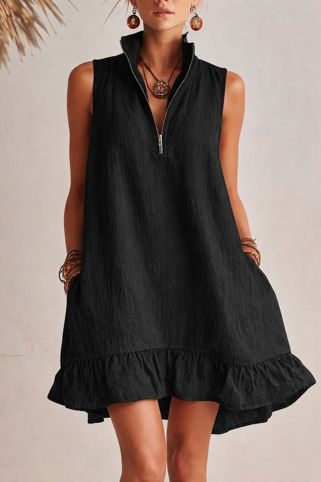Pure-color Atmospheric Beach Dress Sleeveless Vacation Lace Dress For Women