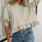 Women's Casual Loose Striped Shirt With Ruffled Hem And Short Sleeves