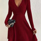 Elegant Long-sleeved Solid-color V-neck Waist-cinching Dress