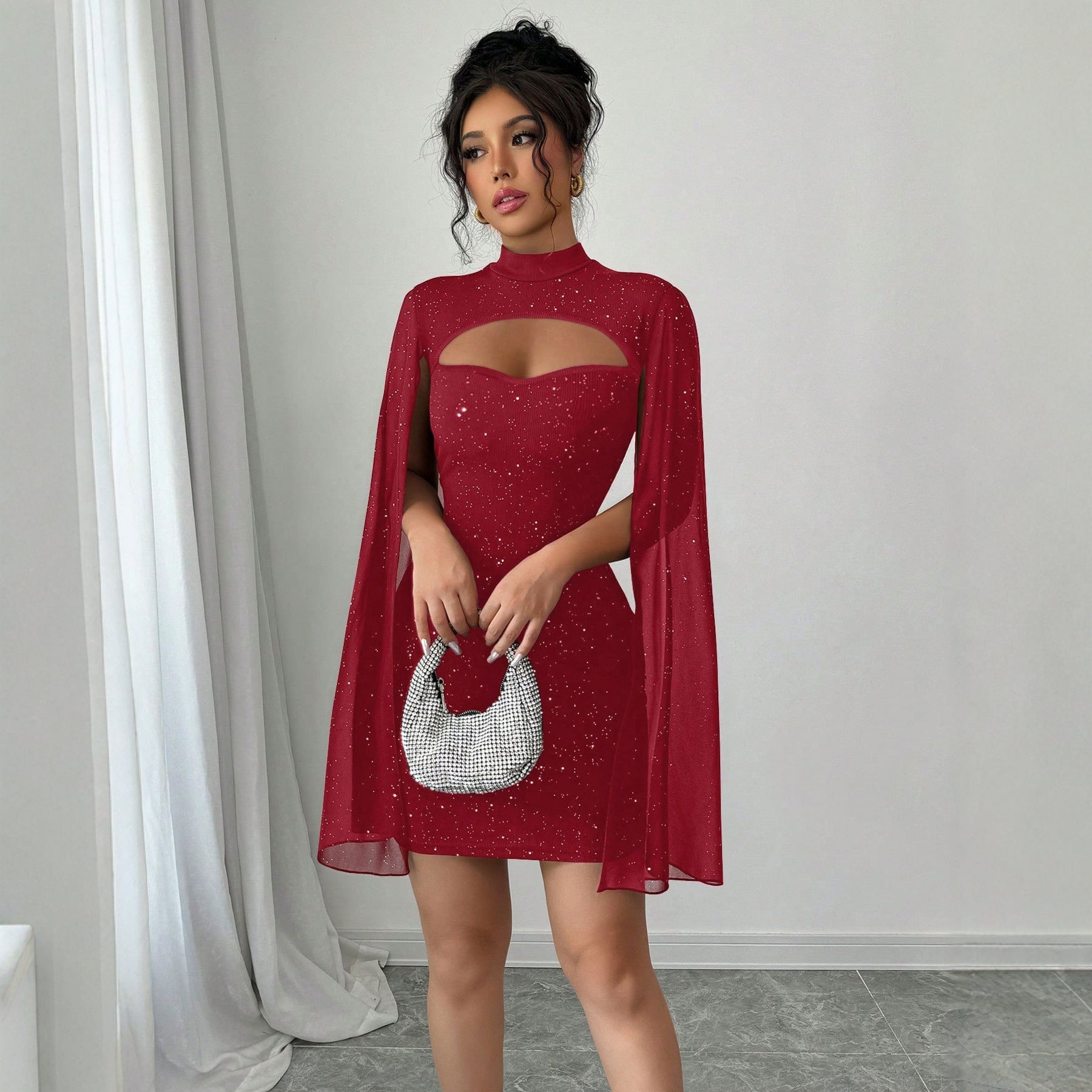 Round-neck Ribbed Pearl Chiffon Cape Bodycon Dress