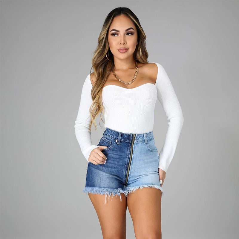 Short d'été en jean taille haute amincissant avec fermeture éclair