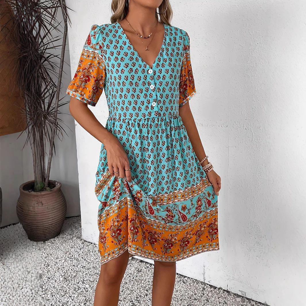 Women V-neck Short Sleeve Bohemian Print Dress