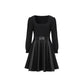 PU Leather Patchwork A-line Dress With A Square Neckline And Puff Sleeves