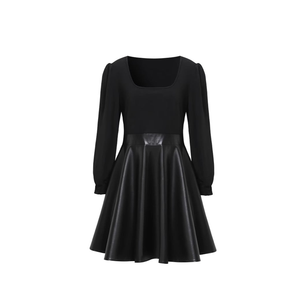 PU Leather Patchwork A-line Dress With A Square Neckline And Puff Sleeves