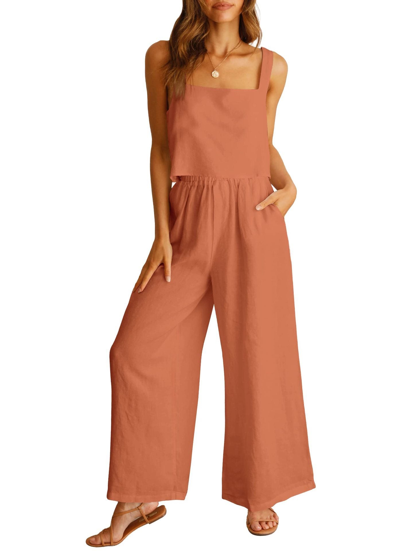 Ensemble décontracté sans manches, caraco, pantalon large