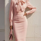 Autumn Fashion Elegant Solid-Color Waist-Cinching Dress With Bow Accent