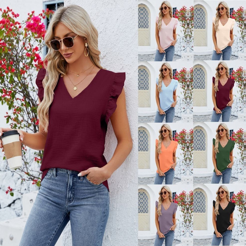 V-neck Ruffled Short Sleeve Women's Top