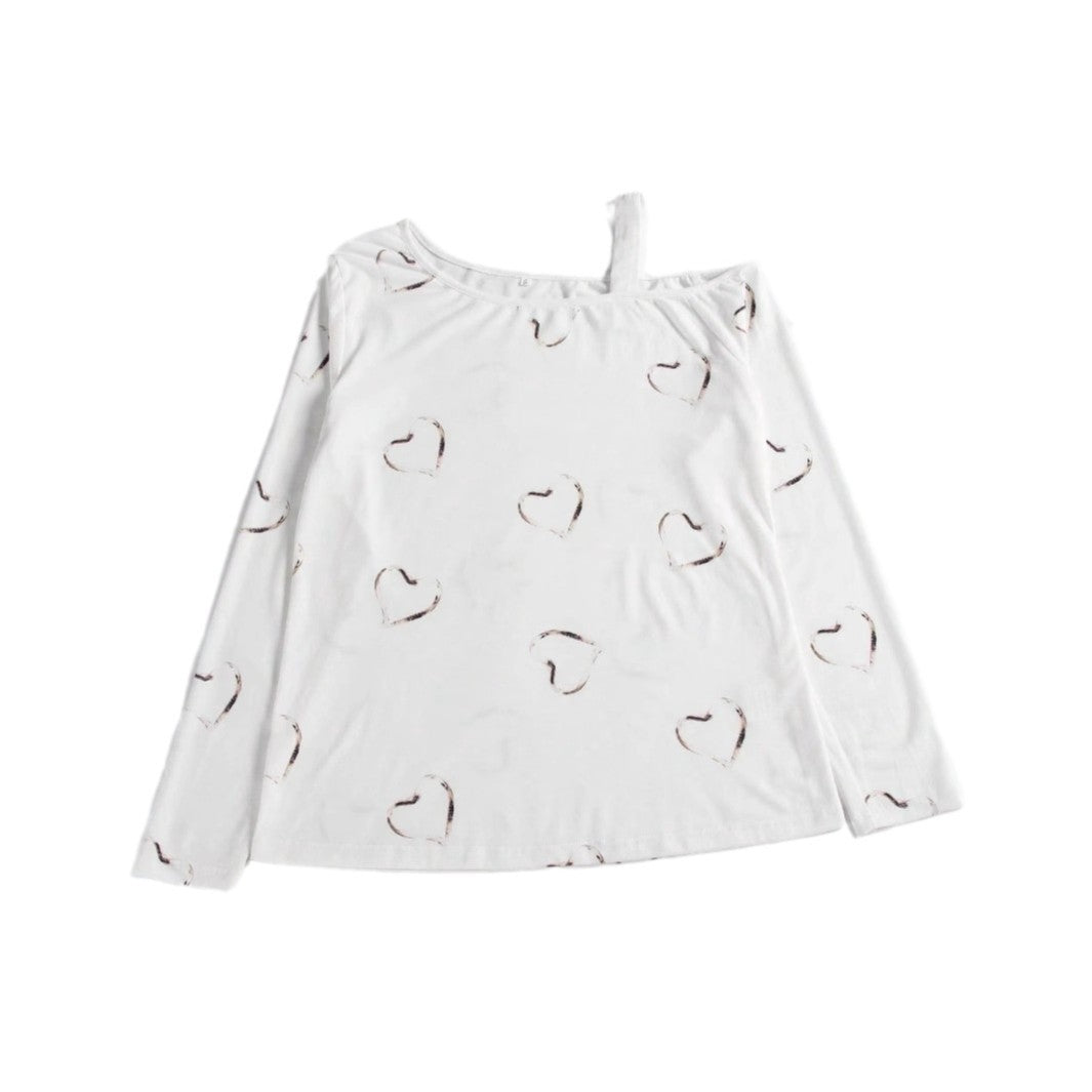 Heart Printing Women's Strapless Pullover Long Sleeve T-shirt