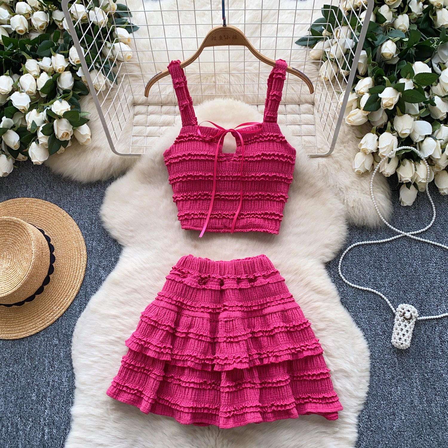 Square-neck Slip Dress With A High Waist Pleated Ruffled Hem