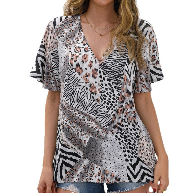 Loose Casual Leopard Print V-neck Short Sleeves