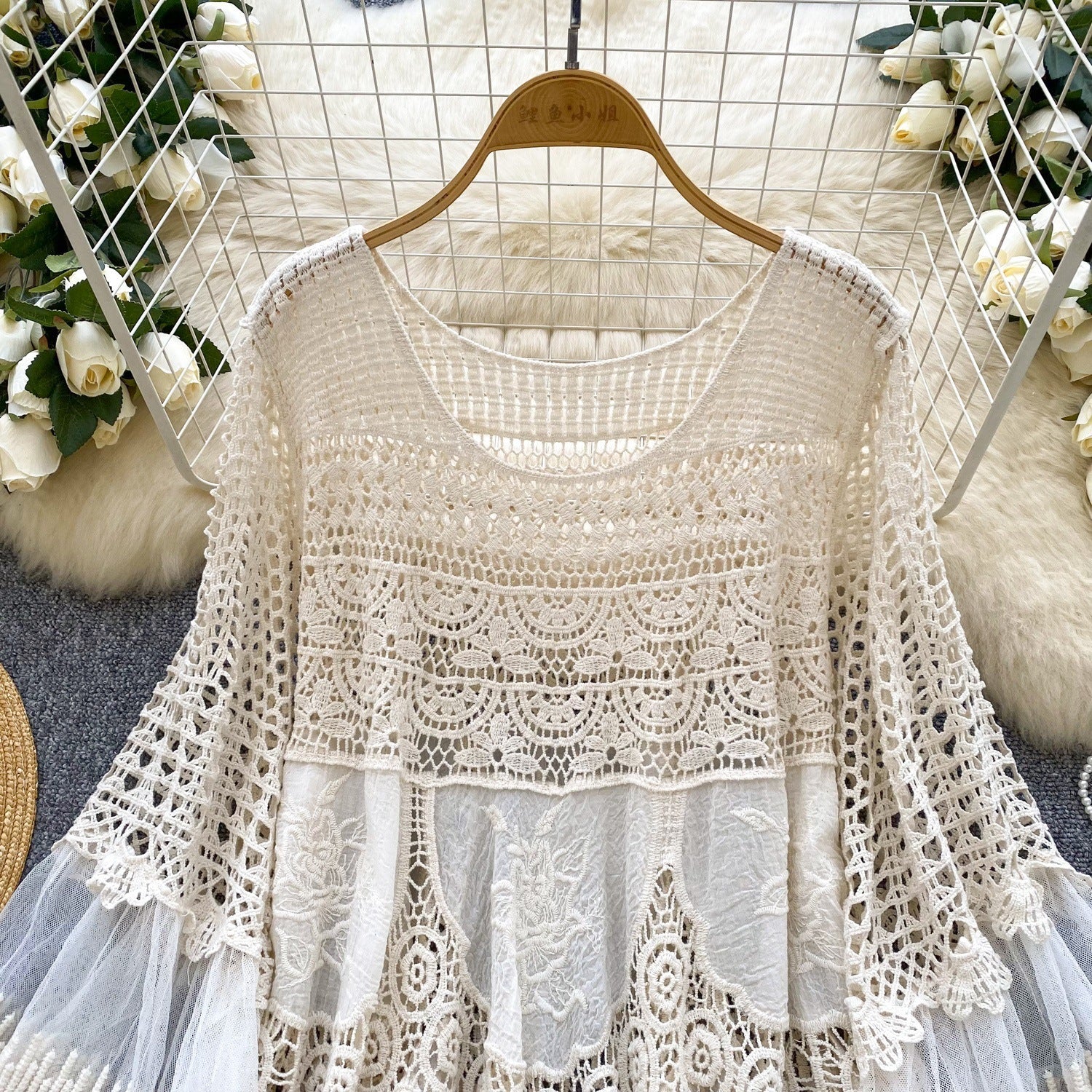 Retro Knitted Loose Hollow-out Crocheted Design Stitching Temperament Short Midi Skirt