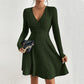 European And American Women's V-neck Waist-cinching Popular Fabric Ribbed Brushed Long-sleeve Dress