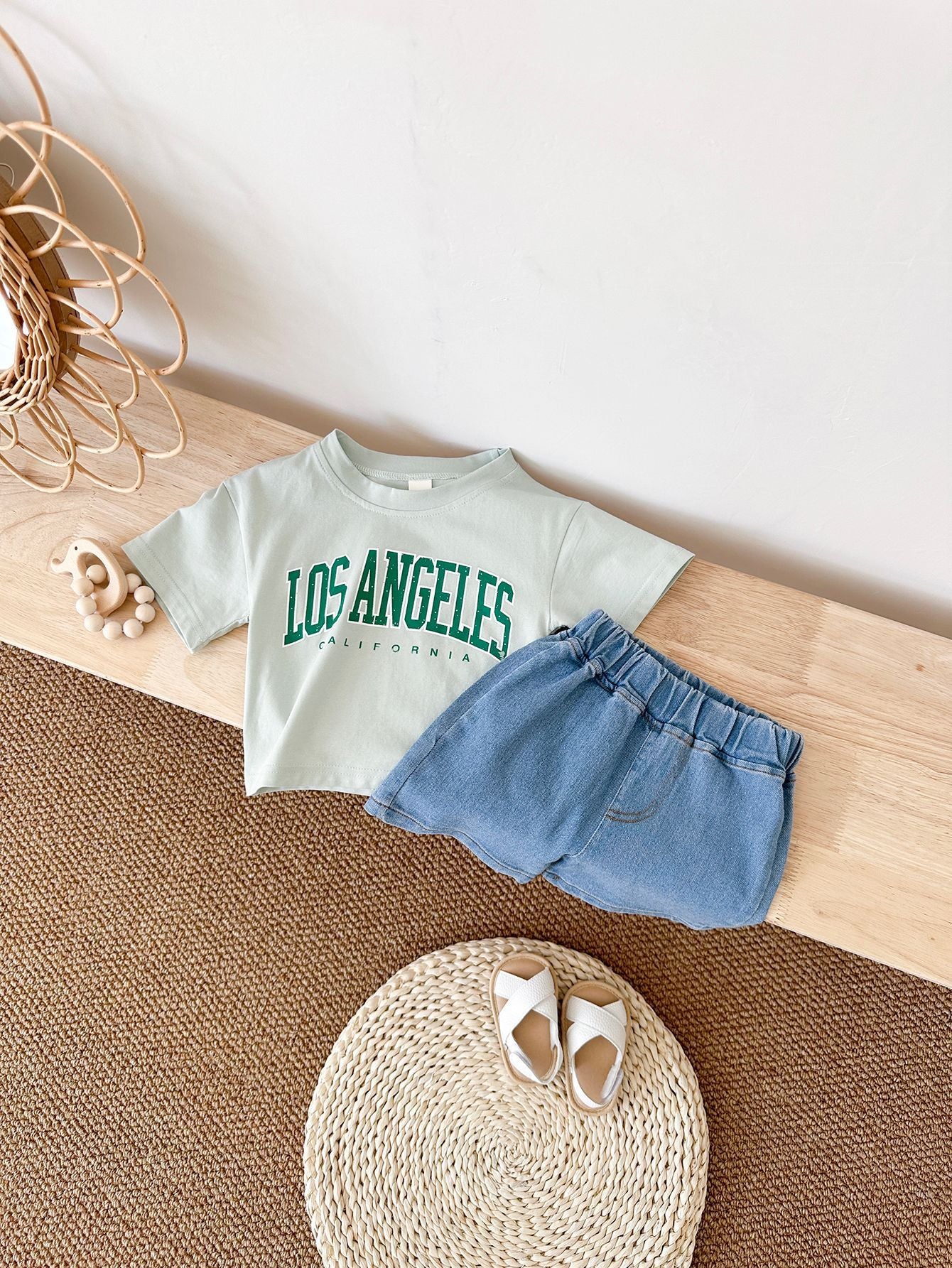 Summer Baby Letter Print Short-sleeve Top Denim Shorts Suit