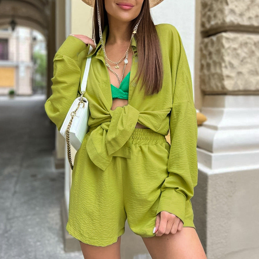 Ensemble chemise à manches longues et pantalon large taille haute pour femme